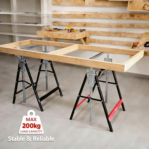 Image of Folding Saw Horses 2 Pack 880lbs Total Capacity Adjustable Height with Non-Slip Feet Portable Work Support for Woodworking and Construction