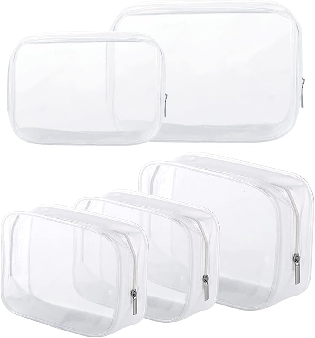 5 Pack Clear Plastic Zippered Toiletry Carry Pouch TSA Approved Toiletry Bag Portable Cosmetic Makeup Bag for Vacation, Bathroom and Organizing (White, Small/Large)