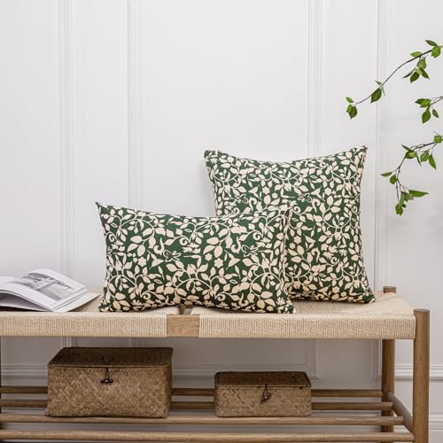 Vfuty Set of 2 Floral Print Pillow Covers 20x20 - Farmhouse Boho Olive Green Cotton Cushion Cases for Sofa, Bed, Living Room Rustic Pillow Case — view 5