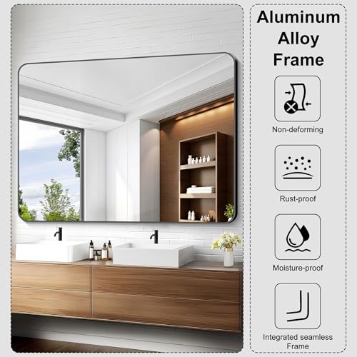 Image of KOCUUY Black Bathroom Mirror 55 inchx40 inch, Large Vanity Mirror with Rounded Corner, Metal Black Frame with Mordern Design for Bathroom, Living Room, Entryway, Hang Horizontal /Vertical