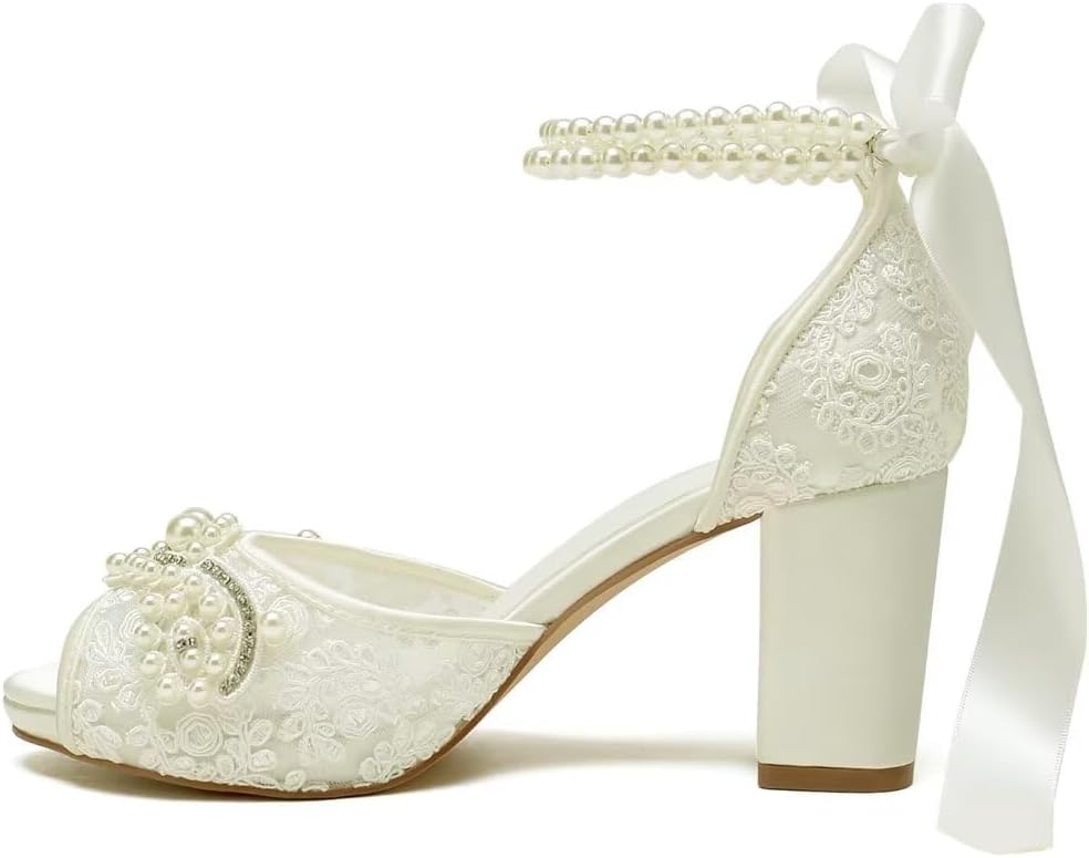 Lace Pearl Wedding Shoes for Bride High Heel Bridal Shoes Peep Toe Platform Wedding Heels - Image 3