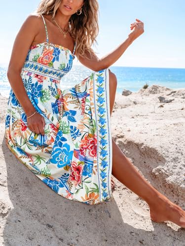 Image of CUPSHE Women's Floral Maxi Dress Spaghetti Strap Summer Boho Beach Dress Smocked Sundress Casual Vacation Flowy Long Dress
