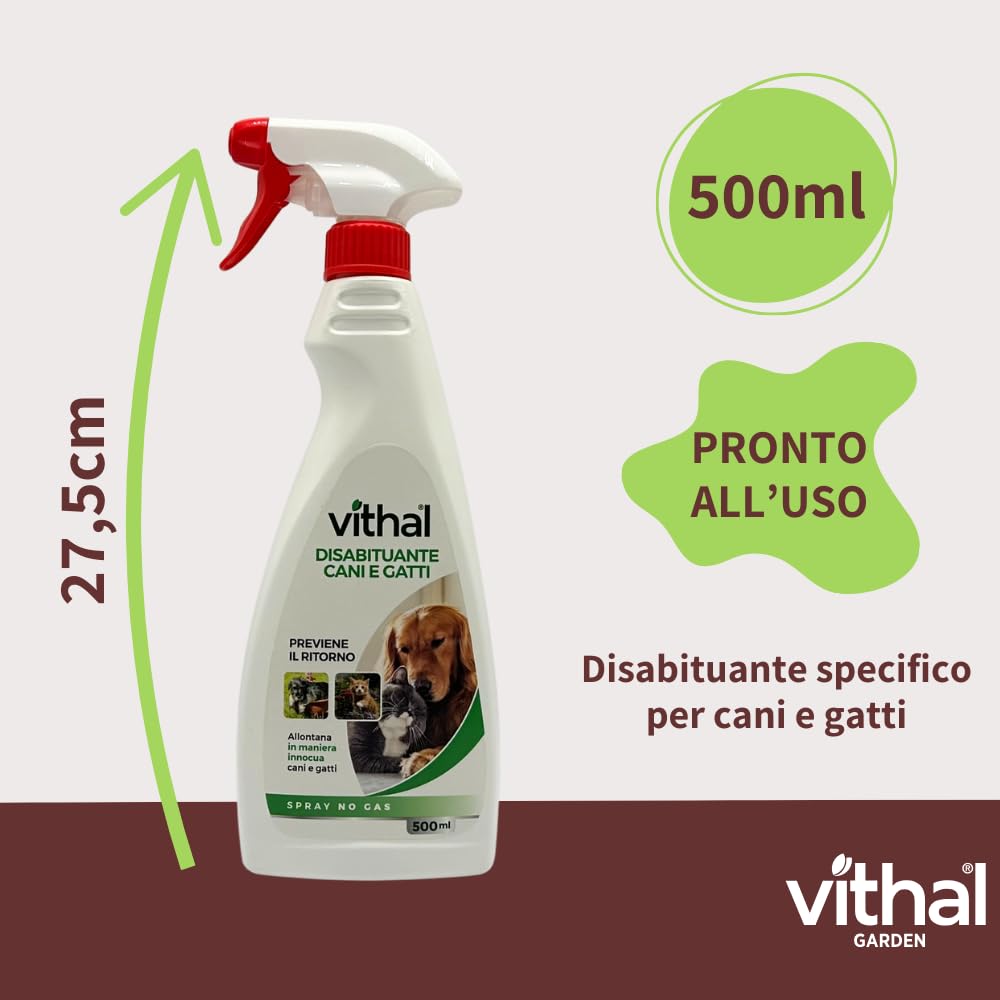 VITHAL Repellente per Gatti e Cani - Spray Liquido 500ml, Disabituante Gatti e Cani, Anti Urina Anti Graffio, Ideale per Tutte le Superfici, Interni ed Esterni, Adatto per Cuccioli e Adulti