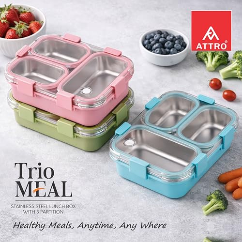 Image of ATTRO Trio Meal Stainless Steel Lunch Box with 3 Partition, Microwave Safe, Airtight Leakproof Silicone Seal Lid, BPA-Free Food Grade Tiffin Box for Office School Kids - 600ml - Blue