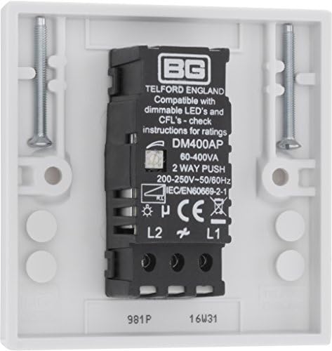 BG Electrical 981P-0J Single Round Push Button Intelligent Dimmer Light Switch, White Moulded, Square Edge, 2-Way, 8.8 cm*4.6 cm*8.6 cm