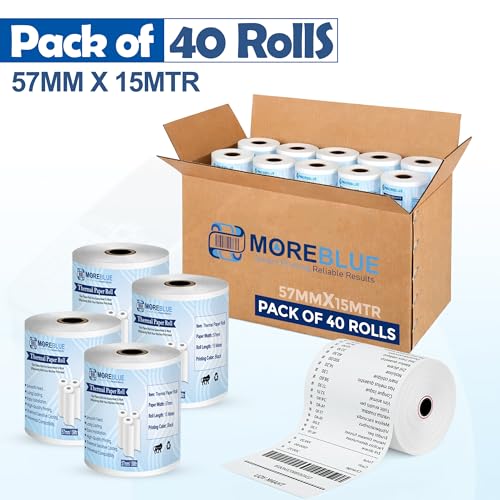 Image of MOREBLUE Credit Card, Food Bills Direct Thermal Receipt Paper Roll, Pack of 40 57mm(2 inch) x 15 Meter, Ink Free Print for POS, Credit Card Machines, & Petrol Pumps