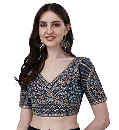 Image of Pujia Mills Mills Women's Fancy Readymade Heavy Coding Embroidary Worked Half Sleeve Multicolor Saree Blouse(Mushroom)