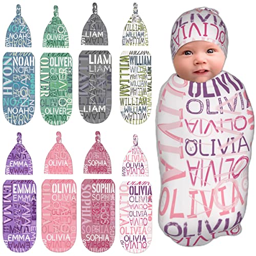 WTCWY Custom Baby Blankets for Girls Boys Personalized Baby Swaddle and Hat for Newborn Baby Girl Boy with Name Personalized Custom Baby Blankets Personalized Baby Items Girl Gifts