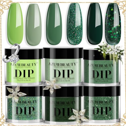 AZUREBEAUTY Glitter Green Dip Powder Nail Kit for thin and soft nails | 6 glitter green forest shades, no nail lamp needed, for DIY salon manicure & women gift