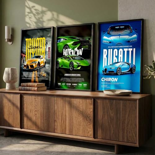 Image of HOTHOUSE Big Toyota Supra, Lamborghini Huracan, Bugatti Chiron Cars Framed Posters Gift Items for Boys Room Wall Decoration Bedroom Living Room Office Studio Decor | Set Of 3 Size (13 X 17 inch)