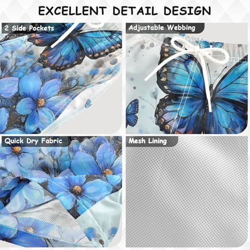 Pigsaly Boys Swim Trunks Blue Flowers Blue Butterfly Boys Board Shorts Swimsuit Swimwear Summer Bathing Suit 3T3
