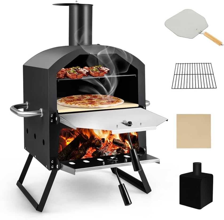 Pemberly Row 2-Layer Wood Fired Pizza Oven Grill, Dual-Tier Design, Includes Pizza Stone & Waterproof Cover, Portable with Folding Legs, up to 1112°F, Wood/Coal Fuel Option for Outdoor Cooking