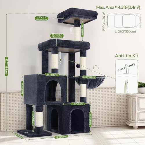 Image of Globlazer 52in Cat Tree Tower for Indoor Cats, 2 Condos, S52, Dark Grey | Multi-Level Plush House, 5 Sisal Scratching Posts, 2 Padded Top Perches, Big Metal Basket, Stable Enlarged Base
