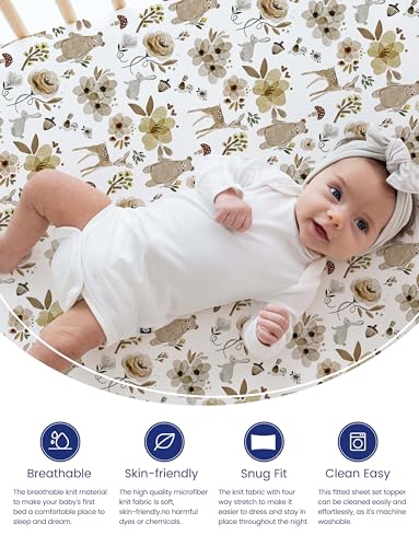 Image of TotAha Crib Sheets for Boys Girls, Buttery Soft Crib Mattress Fitted Sheet, Super Stretchy Jesery Knit Baby Sheet, Silky Comfort Baby Bed Sheets 28x52x9 Extra Deep Pocket(Botanical Garden & Cute Bear)