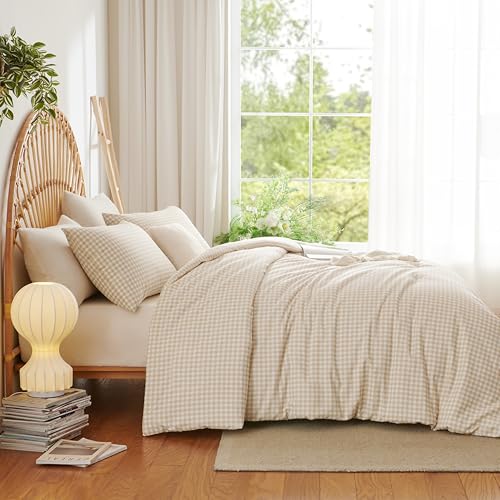 Image of Gingham Duvet Cover Full Size Beige Plaid Checkered Bedding Set 3 Pieces Vintage Grid Soft Lightweight Microfiber Comforter Cover Set with Zipper Closure and 2 Pillowcases