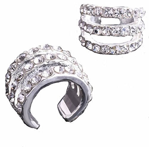 IrbingNii Ear Cuffs for Non Pierced Ear Cartilage Earrings Paved with Crystal Gems Earcuffs Silver Tone 3 Layers Hoops 2PCS