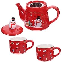 Xmas Party Teapot Red Ceramic Tea Pot Set 12 Snowman Print Teaware Christmas Present