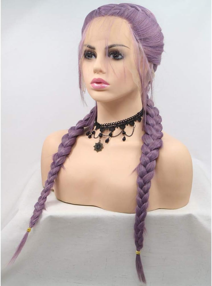 Exvogue Purple Pigtail Braid Wig Natural Looking Hair Parting Lace Front Double Long Braids Synthetic Wigs for Women Heat Resistant 100% Fiber Hair