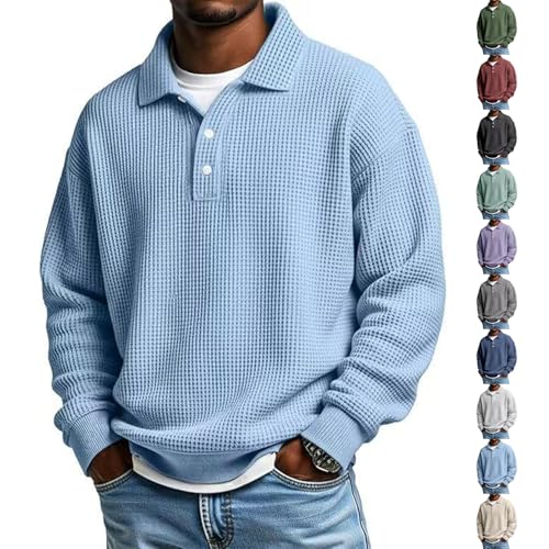 Mens Long Sleeve Polo Shirts with Collar Big and Tall Waffle Shirt Thermal Business Casual Work Shirts with Pockets Longsleeve Plus Size Loose Quick Dry Muscle Shirt Long Sleeve Tshirt Light Blue 2XL