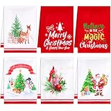 Lounsweer 6 Pcs Christmas Kitchen Towel Merry Christmas Tree Santa Snowman Bird Dishtowel Absorbent Xmas Hand Tea Towel for Holiday Bathroom Decoration Farmhouse Housewarming Gift, 15.8 x 23.6 Inch