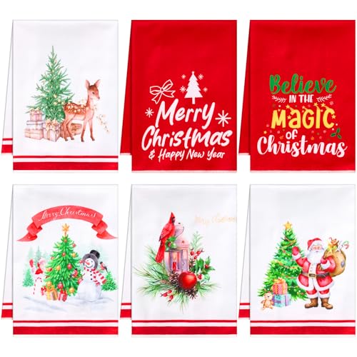 Lounsweer 6 Pcs Christmas Kitchen Towel Merry Christmas Tree Santa Snowman Bird Dishtowel Absorbent Xmas Hand Tea Towel for Holiday Bathroom Decoration Farmhouse Housewarming Gift 15.8 x 23.6 Inch