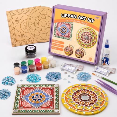 Image of EARLY BOUNCE DIY Lippan Art Kit for Kids & Adults | 2 Pre-Marked 8 Inch MDF Boards, 12 Acrylic Colors, Mirrors and More | Art and Craft Kit | Crafts & Gifts for Kids Age 8+ | Indian Folk Art