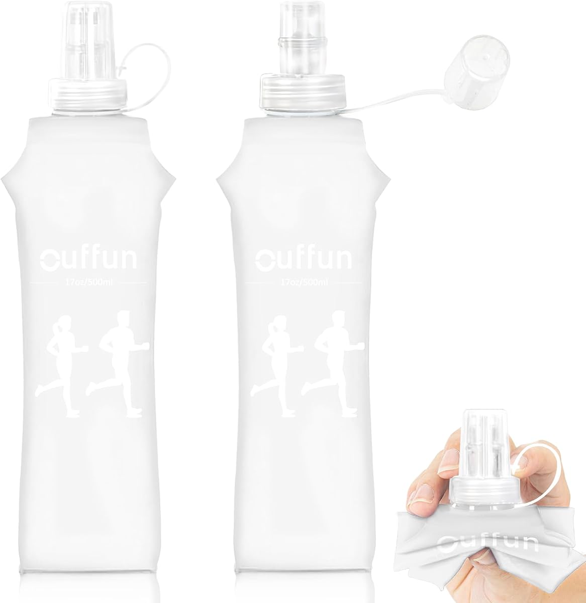 Paquete de 2 botellas de agua blanda, termo plegable de TPU, botellas plegables para paquete de hidratación, sin BPA, botella de agua ligera para deportes al aire libre como senderismo, ciclismo, escalada, correr (17 oz/500 ml)