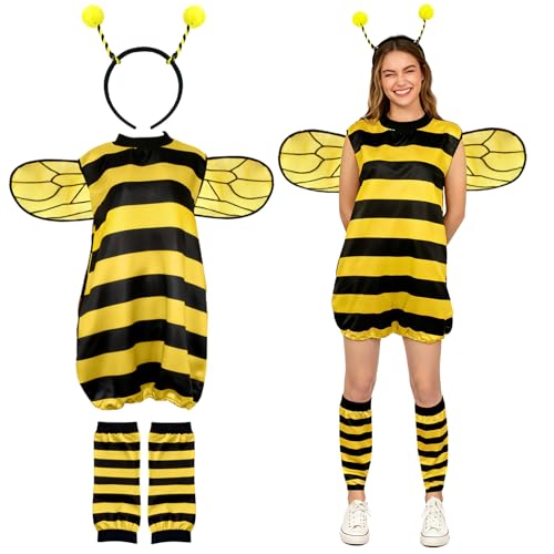 Nirecu Bienenkostüm Erwachsene,Bienen Kostüm Damen,Faschingskostüm Biene mit Flügeln Haarbänder für Halloween,Karneval, Fasching, Mottoparty(XL)