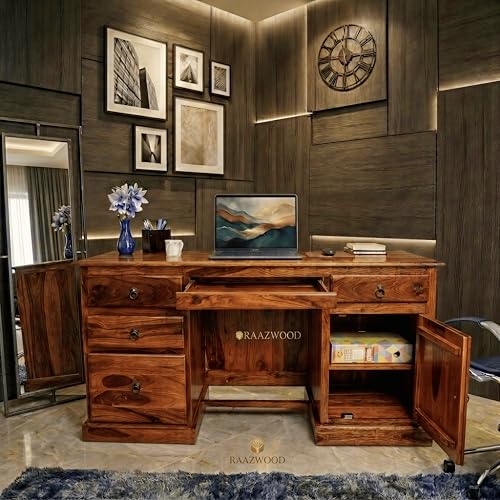 Image of Solid Sheesham Wooden Study Table for Students Big Size with 4 Drawers & 1 Cabinets Study Desk Table Office Table for Work from Home Writing Office Desk Computer (Honey Finish)