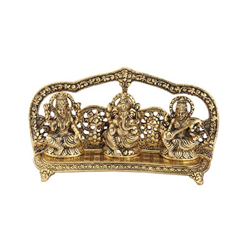Handicrafts Paradise Ganesha Lakshmi And Saraswati In Metal Antique Gold Plated #TOP2