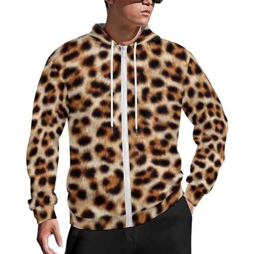Furry Abstract Leopard Skin Men's Zip Up Hoodie Casual Drawstring Hooded Sweatshirt with Kanga Pocket