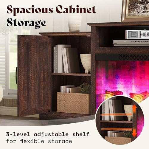 Image of AMERLIFE 70 inch Farmhouse Fireplace TV Stand with Storage for TVs up to 80 inch | Entertainment Center with 29 inch Electric Fireplace, Media Console with 2 Cabinets & Adjustable Shelf, Rustic Brown