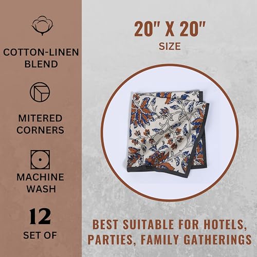 Image of FINGERCRAFT Printed Table Napkins Cotton Linen Blend Dinner Cloth Napkins Perfect for Parties Dinners Weddings Cocktail Christmas Napkins 20x20 Inches (Summer Block Ochre Flower)