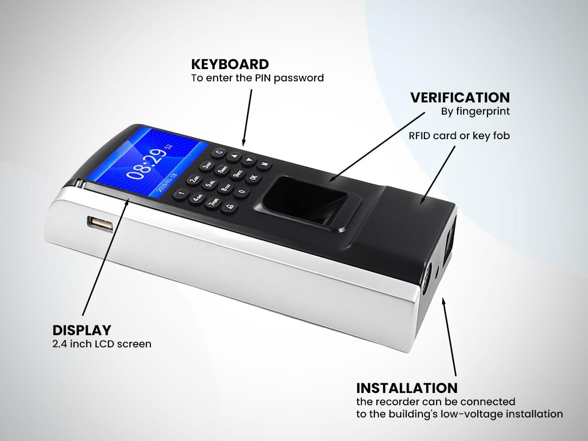 HDWR CTR12 Macchina per La Rilevazione Delle Presenze, Sistema Biometrico Avanzato di Impronte Digitali, Rilevatore Presenze Dipendenti, Password e Scheda RFID da 125 kHz
