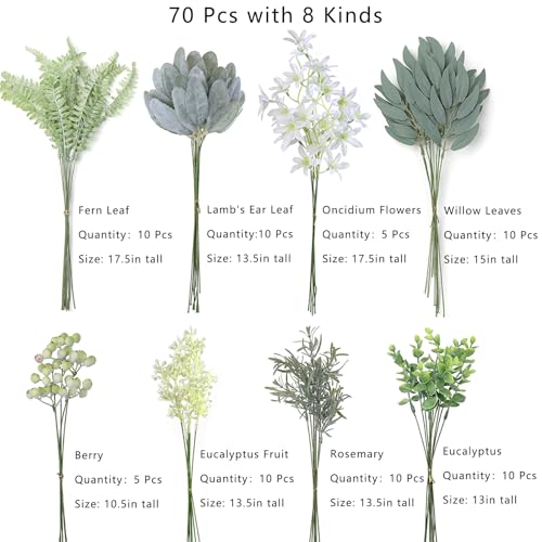 FOTEEWL 70 Pcs Artificial Greenery Stems Box Set,with 8 Kinds of Faux Plants and Fake Flowers for DIY Bridal Bouquets Wedding Floral Arrangement Table Centerpieces Decoration (Sage Green & White)