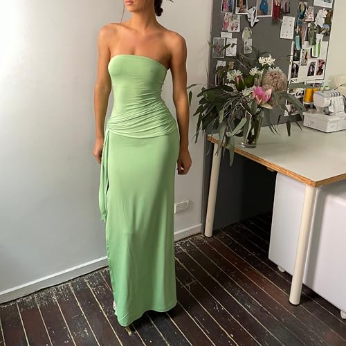 Image of Women Floral Strapless Maxi Dress Y2K Bodycon Tube Long Dresses Sexy Party Formal Cocktail Beach Slit Dress