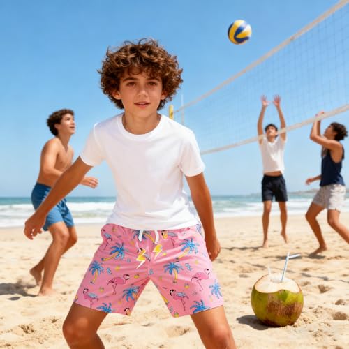 Cozople Boys Swim Shorts Swimtrunk with Boxer Brief Liner Flamingo Palm Tree Pineapple Printed Swimsuit Swimwear Anti Chafe Bathing Suits for Size 18-20 — view 6