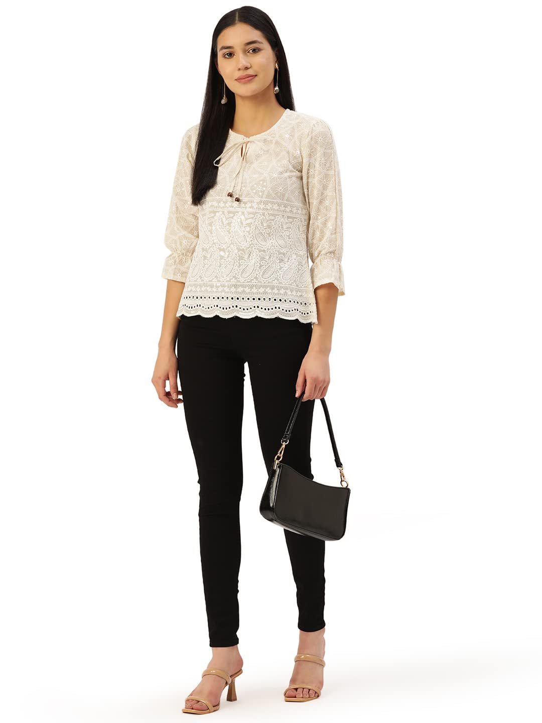 JAINISH Chikankari Sequen Work Empire Top (Cream, S) 2