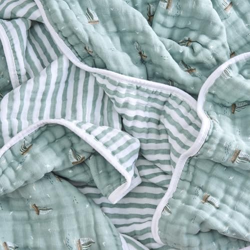 Image of aden + anais Boutique Organic Dream Blanket, 100% Cotton Dream Blanket, Muslin Baby Blanket for Boys & Girls, Unisex Toddler Bedding, Newborn Crib Blanket, Nursery Essential, Sailing Seas