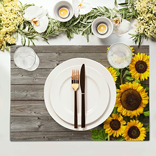 Sunflower Wood Grain Placemats Set Of 4 Summer Floral Non Slip Heat-Resistant Washable Table Place Mats Linen Tablemats For Kitchen Dining Table Home Decoration 12" X 18" #TOP2