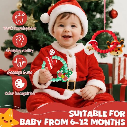 Image of Christmas Baby Silicone Teether Toys - 2ooya 2Pcs Deer Gift Teething Ring Infant Soft Teether Toddler Sensory Chew Toy with Rattles for Newborn to Soothe Sore Gums The First Christmas Gifts for Babies