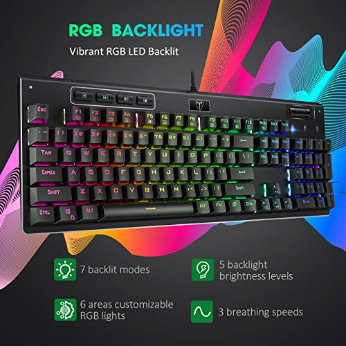 PICTEK Mechanical Gaming Keyboard- 104 Keys Red Switch - Programmable, Chroma RGB LED Rainbow Backlit, Spill-Resistant 100% Anti-Ghosting USB Wired Illuminated Gamers Keyboard for Desktop, Computer