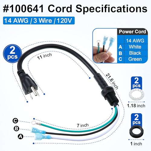 Image of Dreyoo 2 Pack 100641 Power Cord Parts Compatible with ProTeam Backpack Vacuum, Pigtail 3 Wire, w /Nut & Washer, Cord Accessories Compatible with Coach /Mega /Aviation Vac, LineVacer, QuietPro, ULPA