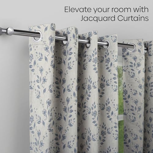 Image of haus & kinder Jacquard Window Curtains 5 Feet Long Pack of 2 Window Curtains, 5 Feet Curtains for Window (Leaf Meadow, Indigo Blue 130x152 CM)