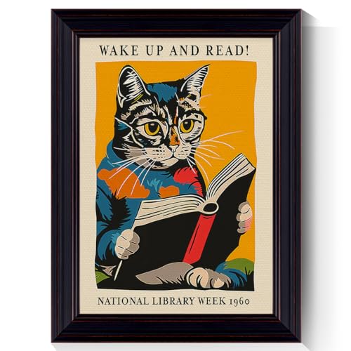 Poster vintage chat et livre pour décoration murale rétro et art inspirant de bibliothèque