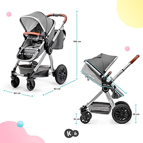 kk Kinderkraft VEO Carrito bebé 3 Piezas, Silla de Paseo, 3 en 1, Carro bebé, para bebés, Capazo, Travel System, Sistema de Viaje, Con accesorios, Góndola, Silla de coche, Plegado, 15 kg, Gris