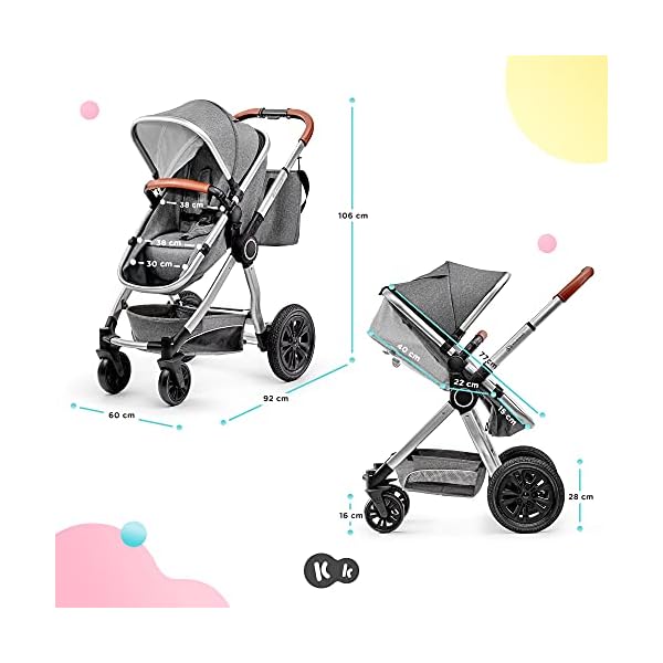 kk Kinderkraft Kinderwagen 3 in 1 VEO, Kinderwagenset, Kombikinderwagen, Buggy, Autositz, Zubehör, Travel System, Zweistufige Federung, Große Räder, Einfaches Zusammenklappen, Grau, 1 Stück (1er Pack) – Bild 7
