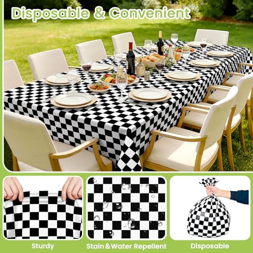 Image of Mulbozy 4 Pcs Black and White Checkered Tablecloths, 54 x 108 Inches Black Checkered Flag Tablecover, Disposable Plastic Gingham Table Cover for Picnic, Truck, Race Car Birthday Party Supplies