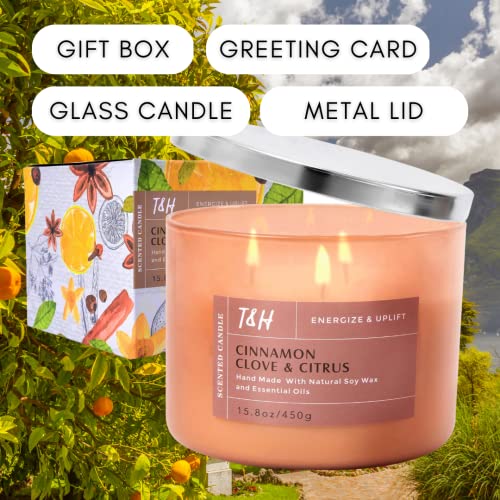 Cinnamon Clove Citrus Scented Candle With Vanilla, Ginger & Cedarwood | Highly Scented 3 Wick Soy Candles For Home 15.8 Oz | Large Relaxing Aromatherapy Candle For Men & Women, Natural Cinnamon Candle #TOP4