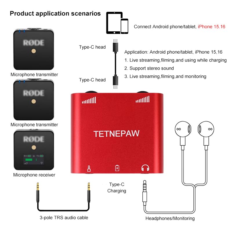 Plus - Micrófonos Lavalier inalámbricos con adaptador de carga, soporte Lightning a audio y micrófono, compatible con Apple y Android para YouTube, Twitch y TikTok Live Streaming (rojo)